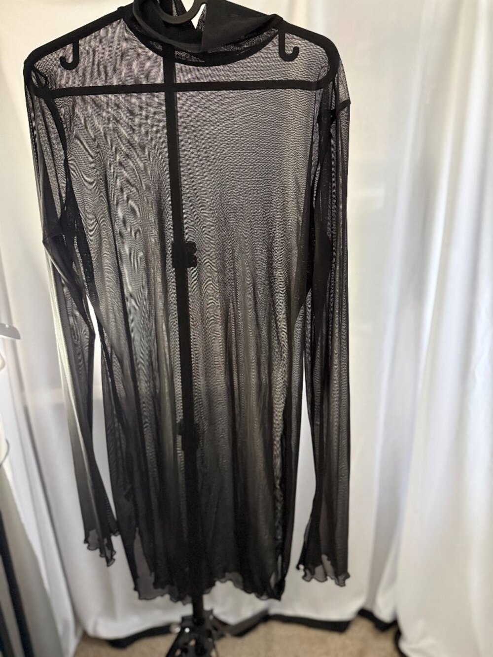 Black Sheer Mesh Long Sleeve Open Front Cardigan Duster Cover Up
